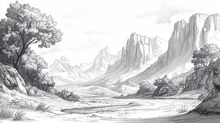 Obraz premium Black and white illustration of a scenic canyon landscape. Mountains, trees, and river shown