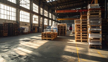Industrial Shipping Depot with Stacked Pallets and Dramatic Shadows