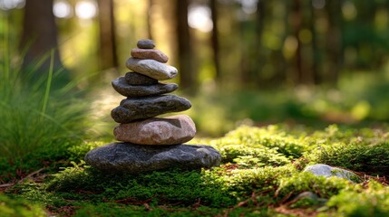 Serene Stacked Stones in Mossy Forest Nature Zen Garden Balance and Peace