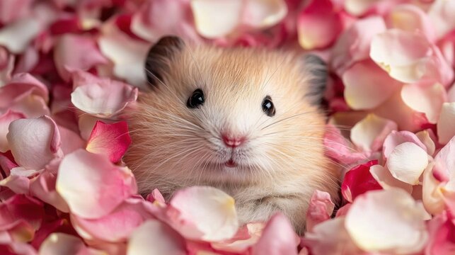 Close-up of a hamster lying in a bed of pink rose petals. the hamster is looking directly at the camera with its ears perked up and its eyes wide open.