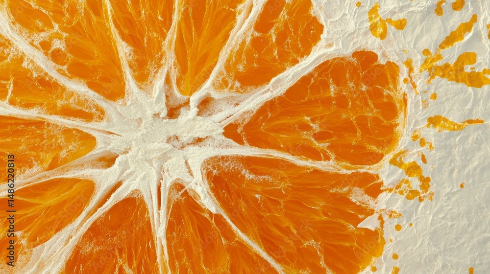 Poster Close-up of an orange slice with juice splashing.