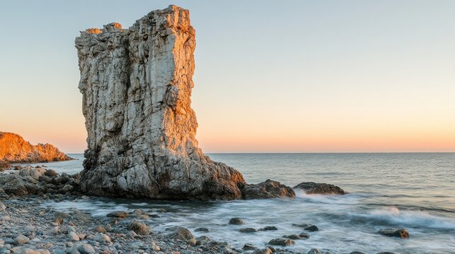 Dramatic coastal rock formation at sunrise.  Rocky shore meets tranquil ocean - Powered by Adobe