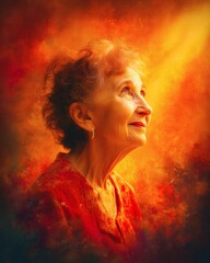 An elderly woman with a hopeful expression, bathed in warm, radiant light. The background features a mix of rich hues and brushstrokes, evoking a sense of warmth and optimism.