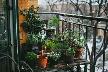 A cozy balcony garden with various potted plants and herbs, set against an urban backdrop in early spring.
