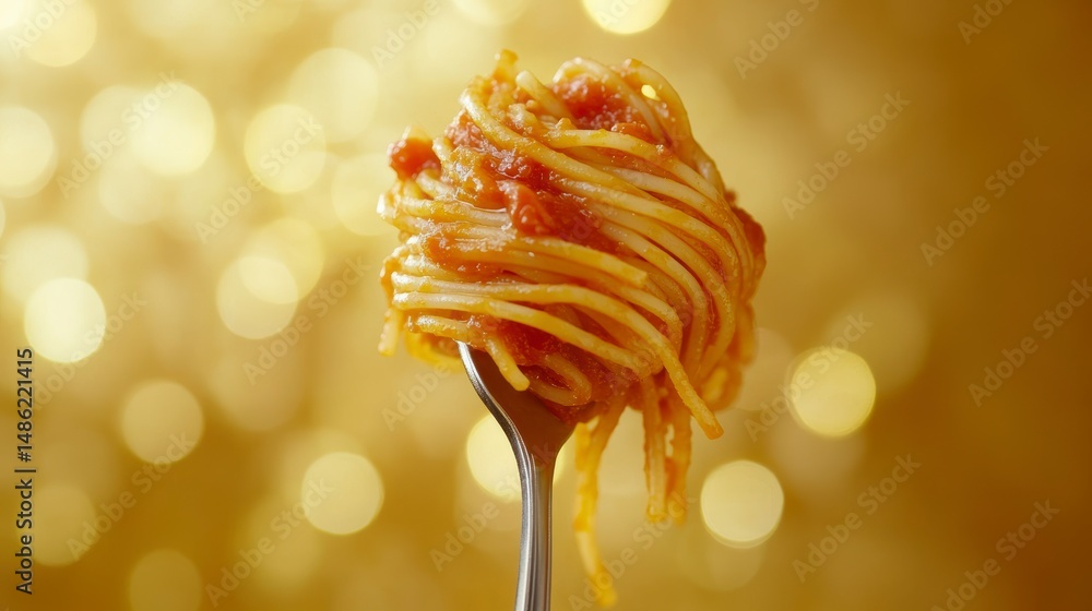 Poster forkful of spaghetti with tomato sauce against a bokeh background.