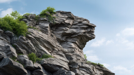 Gray rock formation resembling a human face is partially covered by green vegetation against a clear blue sky on a sunny day in a natural outdoor setting.