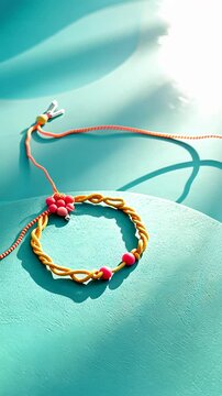Video of rakhi talisman: sacred thread, happy Raksha Bandhan, religious ritual, cultural tradition, Hindu festival, amulet ceremony, sibling bond, Shravana full moon, Rakri custom barley shoot ritual.