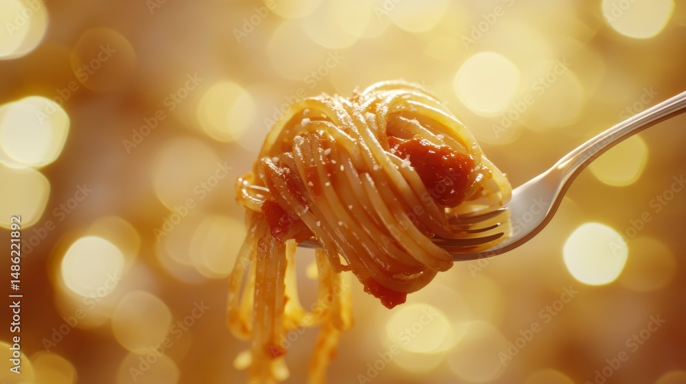 Poster Close-up of spaghetti with tomato sauce on a fork against a bokeh background.