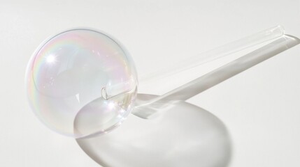 Transparent bubble with a long, thin tube attached to it. the bubble is spherical in shape and appears to be floating on a white surface.