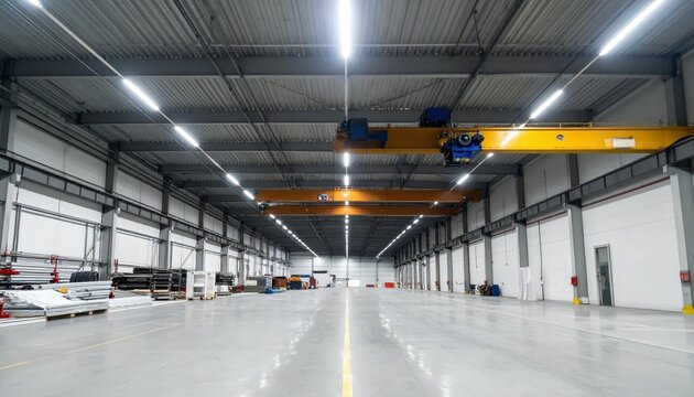 Spacious Storage Area with Overhead Crane Under Fluorescent Lights