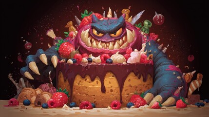 A monstrous cake creation bursting with sugary delights.