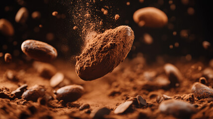 Cocoa beans and powder floating mid air with soft cinematic light on dark chocolate background, creating rich and warm atmosphere for product presentation