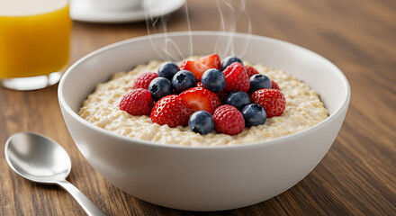 Steaming Oatmeal Bowl Topped with Fresh Berries and a Glass of Orange Juice