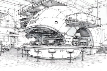 Futuristic bar and lounge detailed sketch