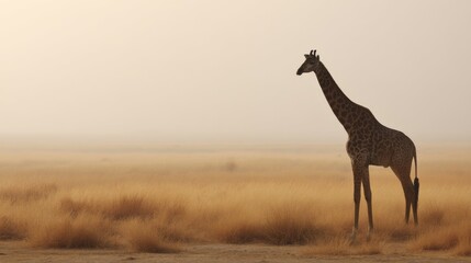 A tall giraffe stands gracefully in silhouette, showcasing its long neck and head shape. Soft grass sways gently in the foreground under a pale sky