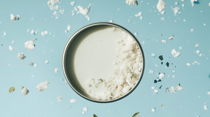 Sea salt flakes and herbs floating mid air above round soap tin with blank label on light blue background, evoking fresh and natural wellness spa tone