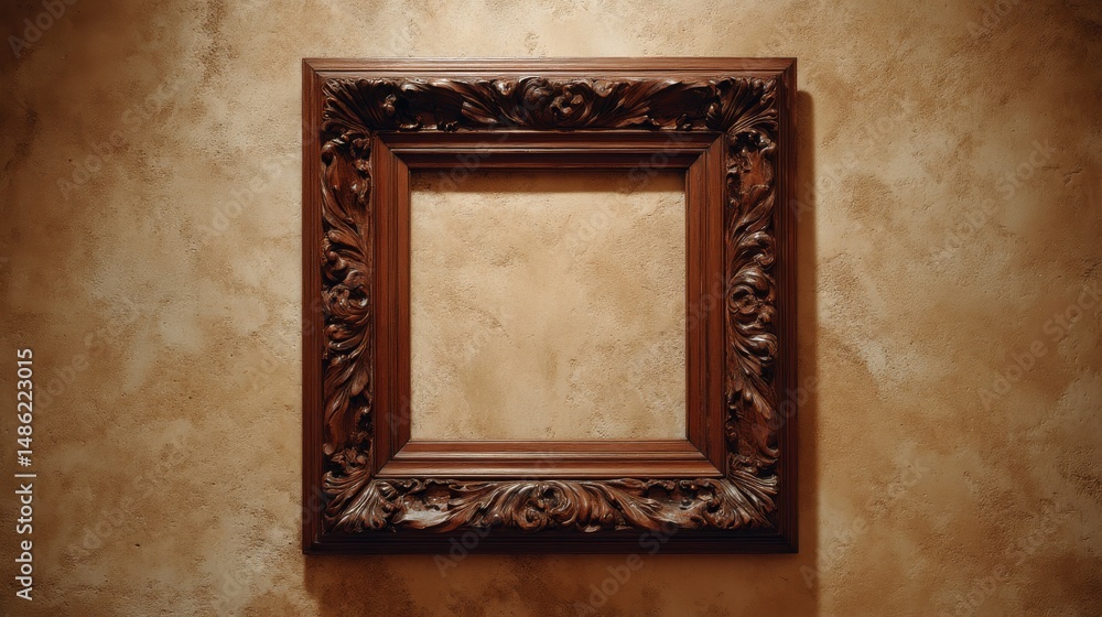 Leinwandbilder an ornate wooden picture frame featuring intricate carvings is positioned against a light textured w