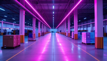 Fototapeta premium Bright Neon Accents in a Spacious Industrial Fulfillment Center