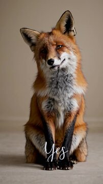 Renard souriant avec le mot "Yes" en bas de l&rsquo;image &ndash; portrait en studio au ton comique

