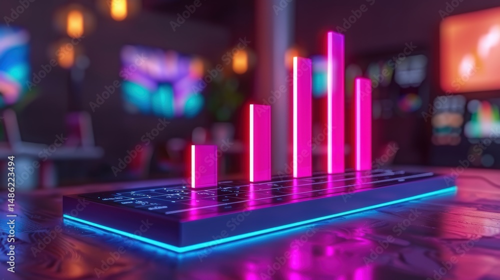 Poster Neon pink glowing bar chart on digital tablet in modern tech workspace with blurred background, representing data visualization, AI analytics, futuristic business dashboard and e-commerce insight.