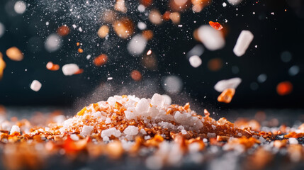 Sea salt and chili flakes flying in burst with rustic texture background creating dynamic culinary mood with vibrant orange and white colors in motion
