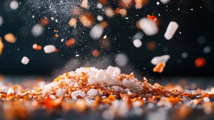 Sea salt and chili flakes flying in burst with rustic texture background creating dynamic culinary mood with vibrant orange and white colors in motion © Thaniya
