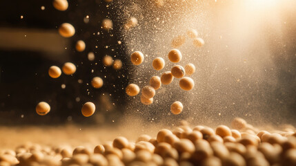 Soybean grain in motion with dust particles floating in warm light, creating natural and dynamic scene in modern kitchen or commercial wellness setting