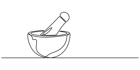 continuous line drawing of mortar and pestle, Mortar with pestle one line continuous drawing. Kitchen tools continuous one line illustration. Vector minimalist linear illustration, creating simple.