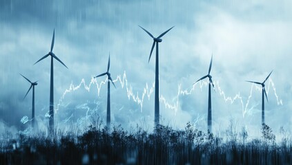 Stormy weather, wind turbines and fluctuating energy graph.  Forests in heavy rain and lightning
