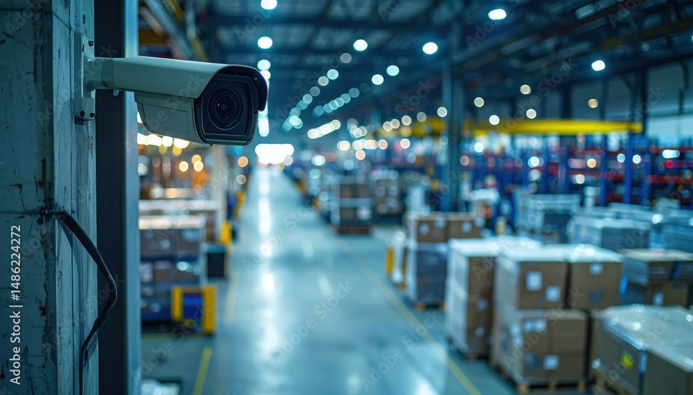Poster security camera in logistic hub with ambient lighting and messy environment