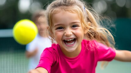 Little girl smiles broadly playing with a yellow tennis ball outdoors near a tennis court and other children.