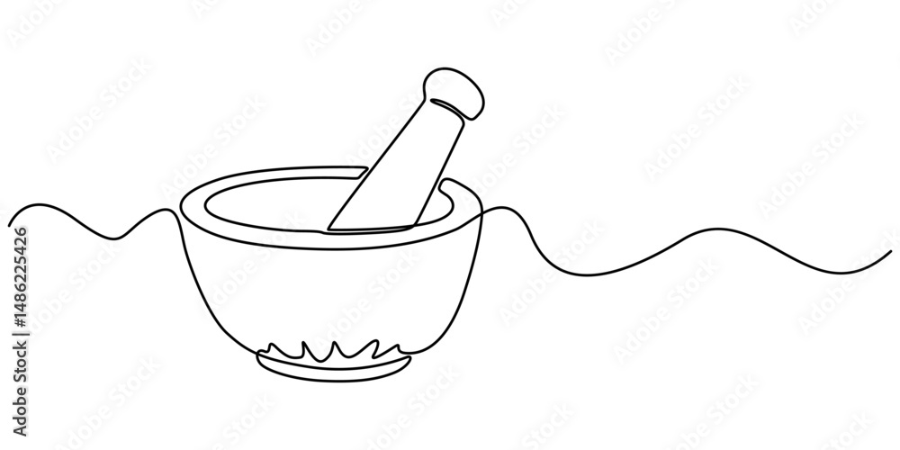 Poster continuous line drawing of mortar and pestle, mortar with pestle one line continuous drawing. kitche