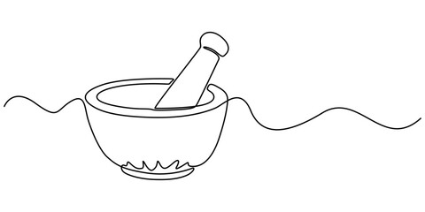 continuous line drawing of mortar and pestle, Mortar with pestle one line continuous drawing. Kitchen tools continuous one line illustration. Vector minimalist linear illustration, creating simple.