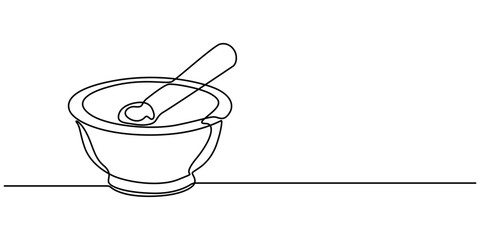 continuous line drawing of mortar and pestle, Mortar with pestle one line continuous drawing. Kitchen tools continuous one line illustration. Vector minimalist linear illustration, creating simple.