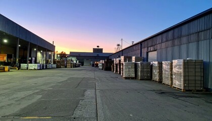 Stacked Pallets in Storage Facility at Dusk with Colorful Sky