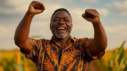 Man raises his fists in the air smiling with a field of corn in the background. - high quality Man raises his fists in the air smiling with a field of