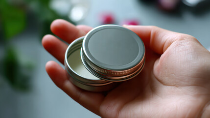 Elegant hand holding lip balm tin with blank logo surface and soft shimmer lighting, perfect for natural skincare and cosmetic product presentation in clean environment
