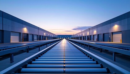 Minimalist Automated Warehouse with Conveyor Belts at Dusk