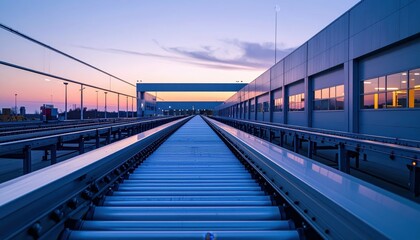 Fototapeta premium Automated Conveyor Belts in a Minimalist Warehouse at Dusk