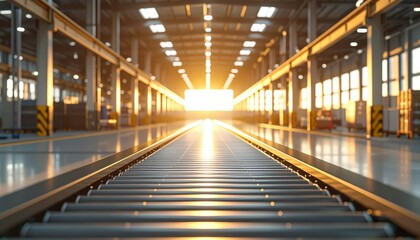 Fototapeta premium Automated Warehouse with Conveyor Belts During Golden Hour Light