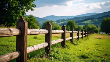 Rustic Fence in Scenic Landscape: An old, weathered wooden fence meanders gracefully through a vibrant green pasture.