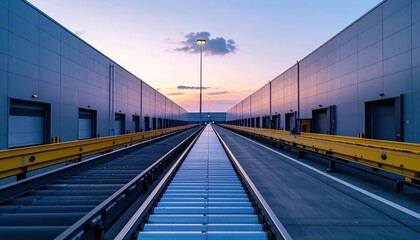 Dusk View of Minimalist Warehouse Storage with Conveyor Belts