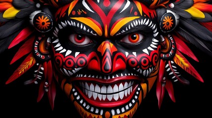 Masked face displays vibrant tribal patterns with menacing grin and piercing red eyes against black backdrop.