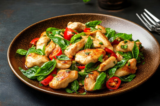 Savory chicken dish with fresh herbs and vegetables on a plate.