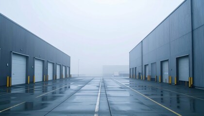 Misty Minimalist Dock Facility with Packing Stations and Fog