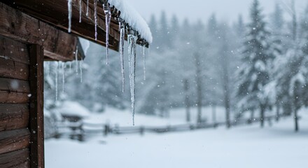 Icicles hanging from a wooden roof with a blurred snowy background.
