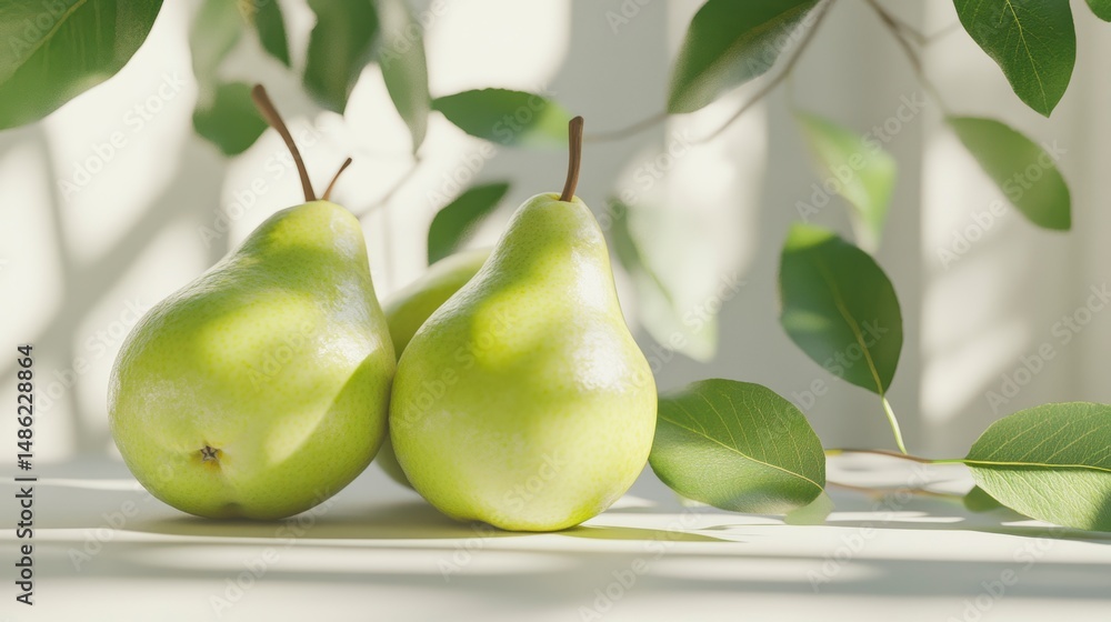 Poster two ripe green pears on a white surface, illuminated by sunlight filtering through leaves.