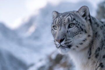 Obraz premium Snow leopard looking alert in snowy mountain landscape