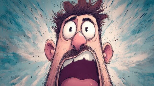 Close-up illustration of a startled man's expressive face.