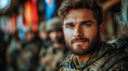 Proud military medic standing tall in uniform in front of a large American flag during an oath ceremony, solemn and respectful atmosphere 
